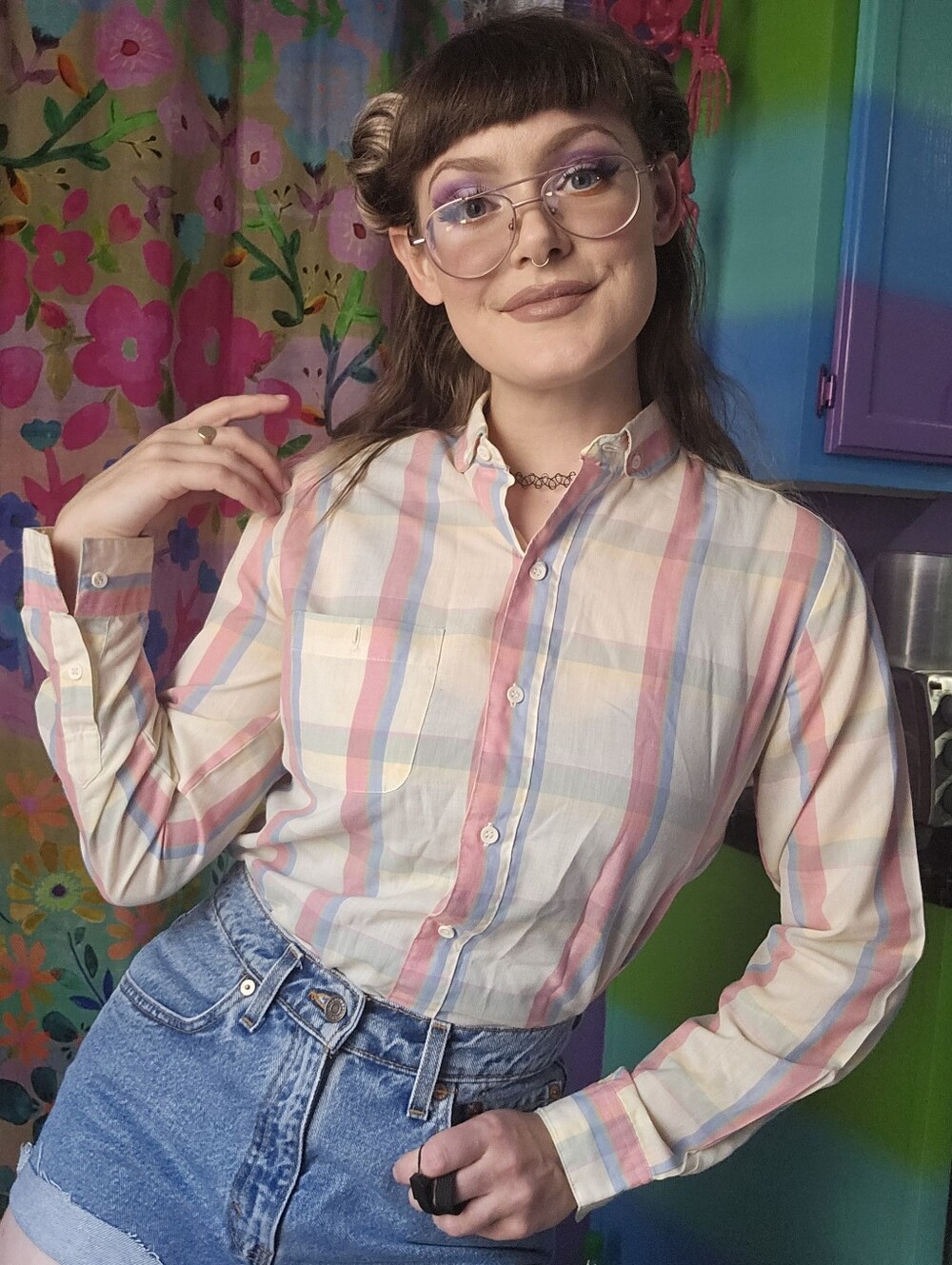 Vintage 70's Lee Plaid Button Up Long Sleeve Shirt Women's Cream / Pink / Blue